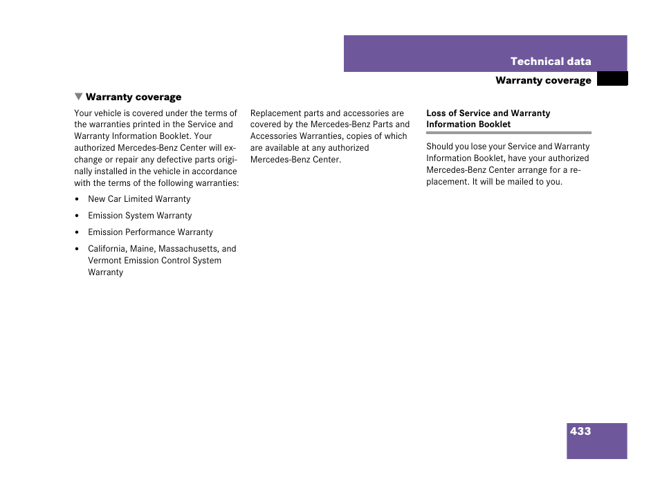 Warranty coverage, Loss of service and warranty information booklet | Mercedes-Benz CLS-Class 2008 Owners Manual User Manual | Page 434 / 481