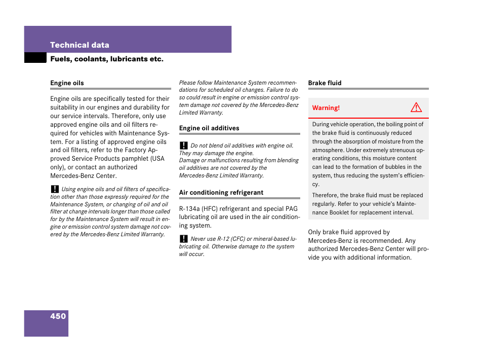 Technical data:engine oils, Engine oil:additives, Air conditioning refrigerant | Technical data:brake fluid, See “brake fluid | Mercedes-Benz CLS-Class 2008 Owners Manual User Manual | Page 451 / 481