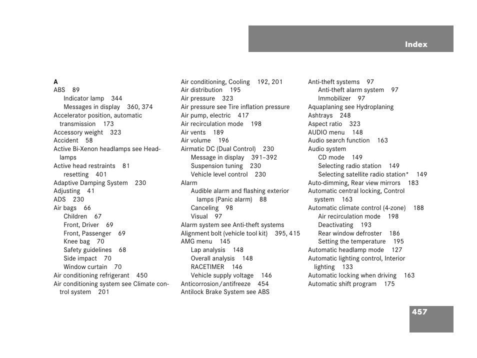 Index | Mercedes-Benz CLS-Class 2008 Owners Manual User Manual | Page 458 / 481