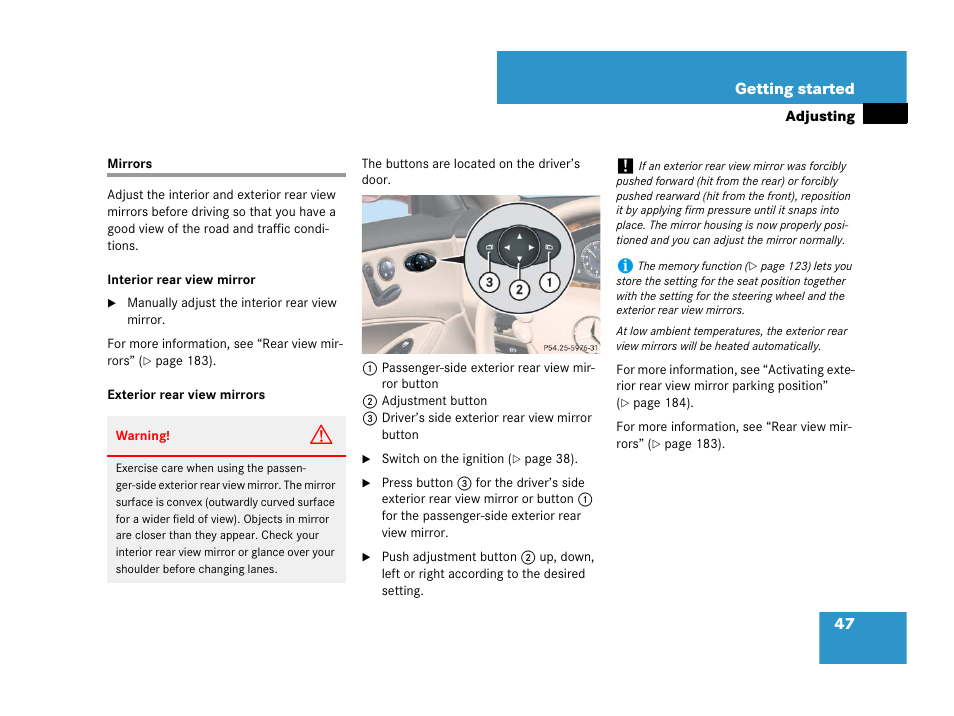 Mirrors:adjusting, Mirrors | Mercedes-Benz CLS-Class 2008 Owners Manual User Manual | Page 48 / 481