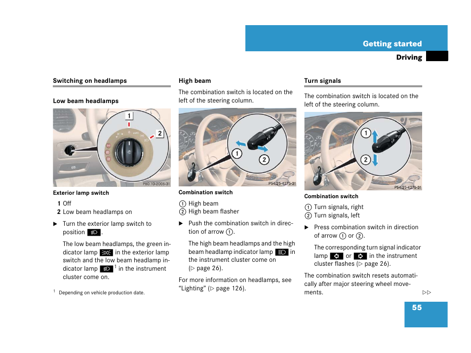Combination switch, Switching on headlamps turn signals | Mercedes-Benz CLS-Class 2008 Owners Manual User Manual | Page 56 / 481