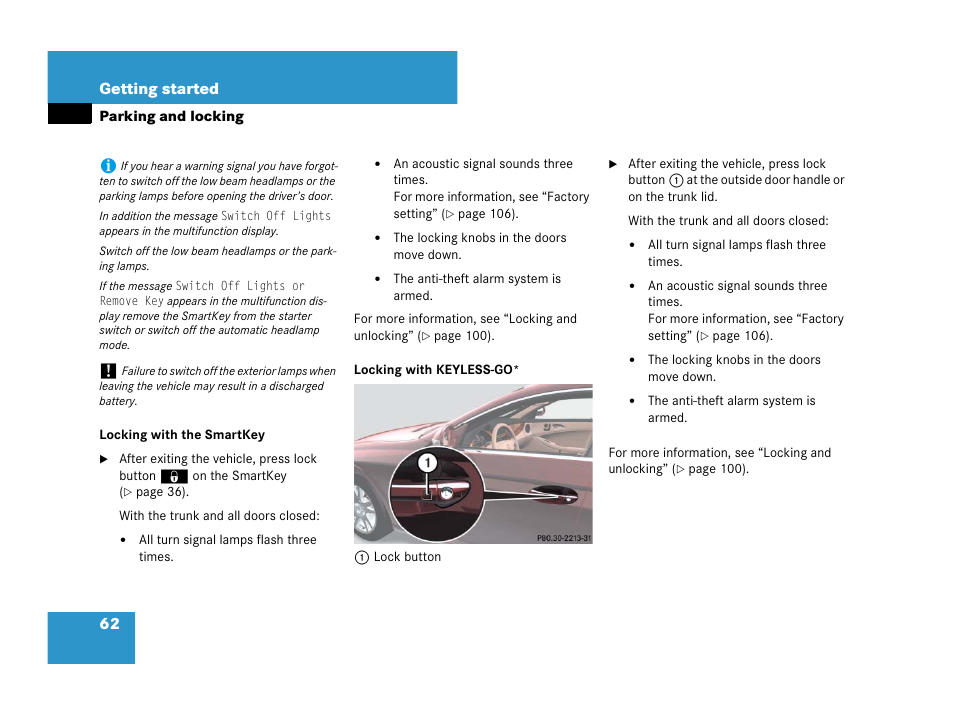 Go, see “locking with keyless-go, 62 getting started | Mercedes-Benz CLS-Class 2008 Owners Manual User Manual | Page 63 / 481