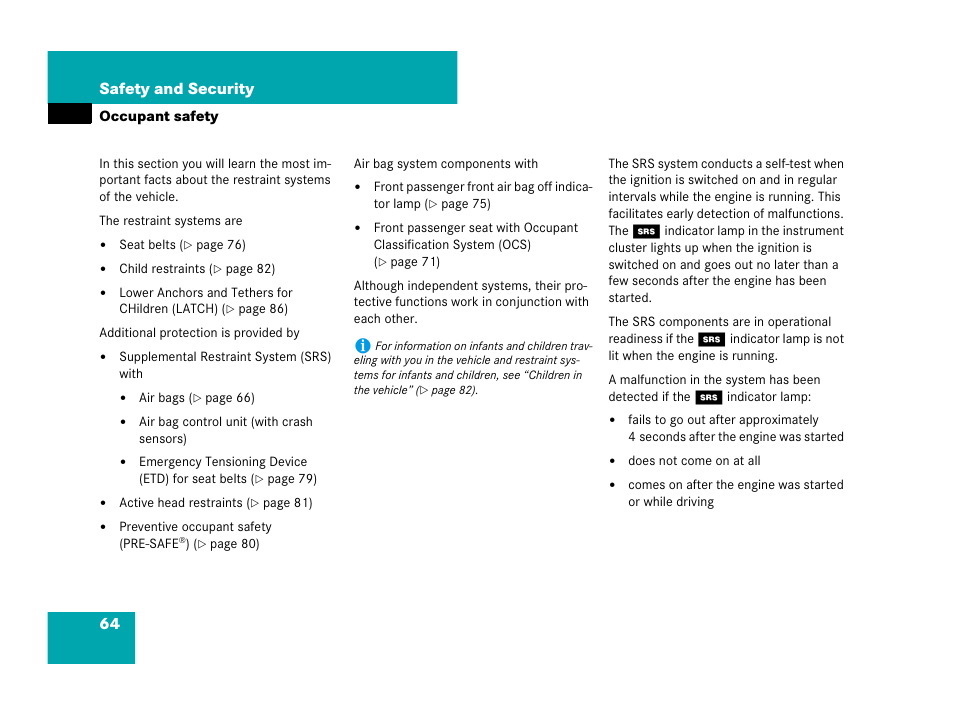 Occupant safety, 64 safety and security | Mercedes-Benz CLS-Class 2008 Owners Manual User Manual | Page 65 / 481