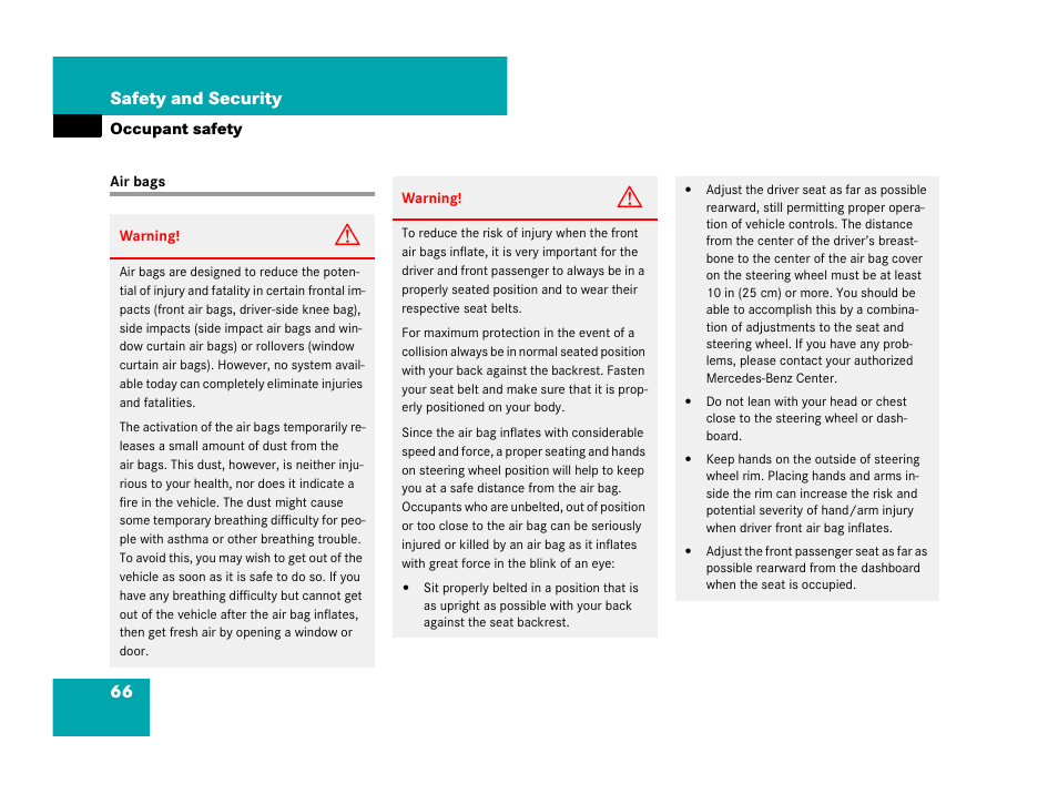Air bags, 66 safety and security | Mercedes-Benz CLS-Class 2008 Owners Manual User Manual | Page 67 / 481