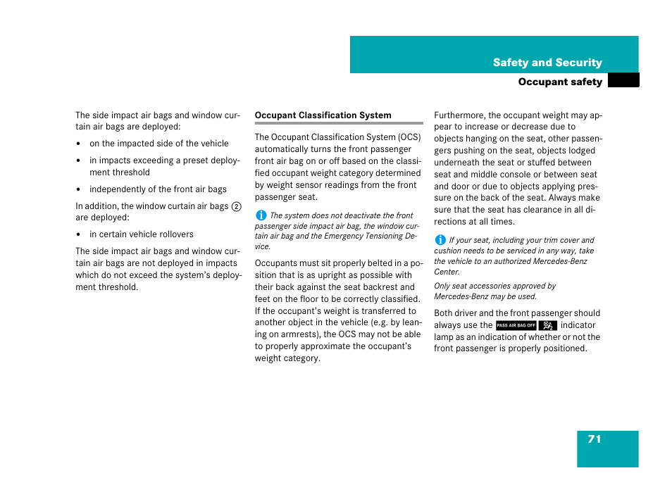 Occupant classification system | Mercedes-Benz CLS-Class 2008 Owners Manual User Manual | Page 72 / 481