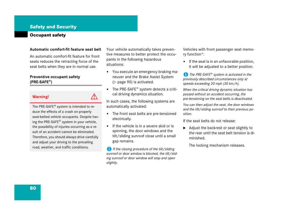 Preventive occupant safety (pre-safe, 80 safety and security | Mercedes-Benz CLS-Class 2008 Owners Manual User Manual | Page 81 / 481