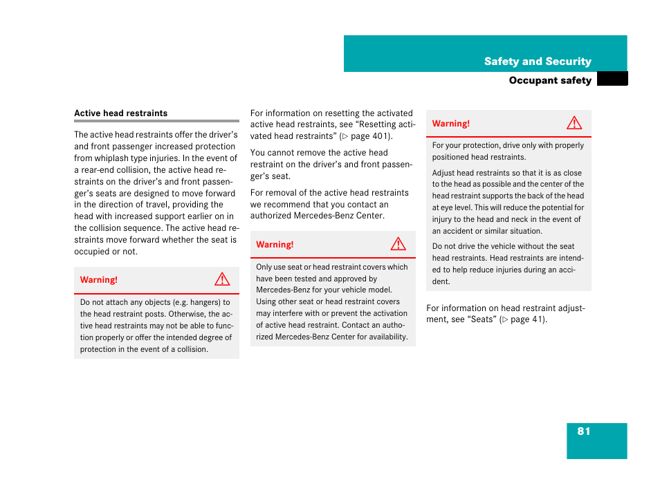 Active head restraints, Raints | Mercedes-Benz CLS-Class 2008 Owners Manual User Manual | Page 82 / 481