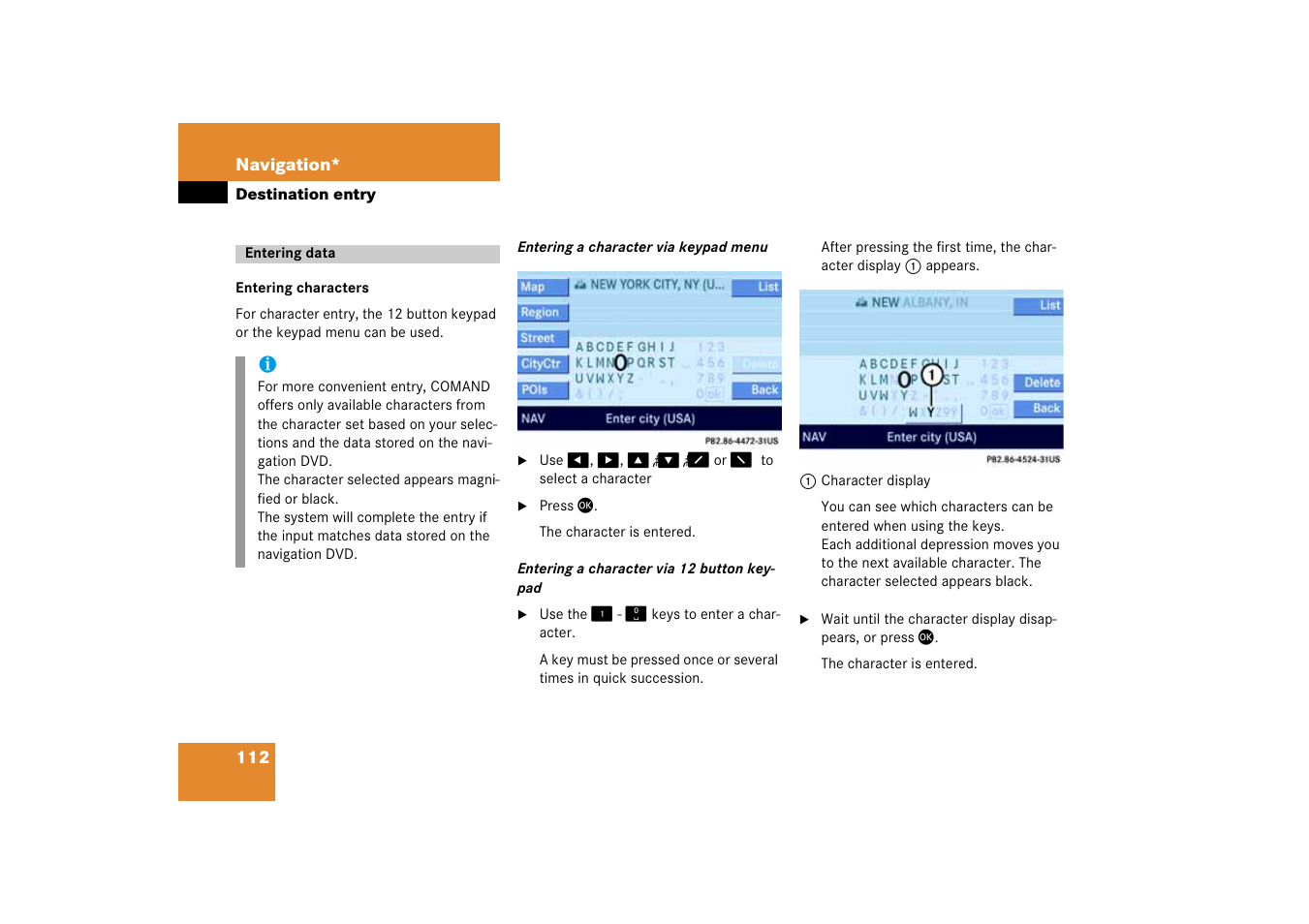 Destination entry, Entering data | Mercedes-Benz E-Class 2008 COMAND Manual User Manual | Page 112 / 186
