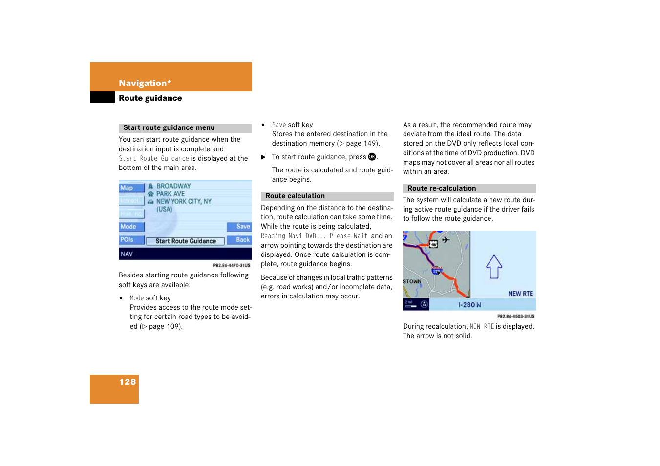 Route guidance, Start route guidance menu, Route calculation | Route re-calculation | Mercedes-Benz E-Class 2008 COMAND Manual User Manual | Page 128 / 186