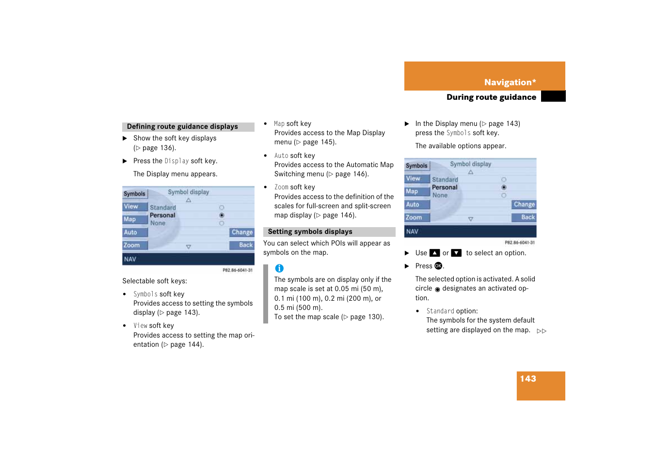 Defining route guidance displays, Setting symbols displays, Display | Mercedes-Benz E-Class 2008 COMAND Manual User Manual | Page 143 / 186