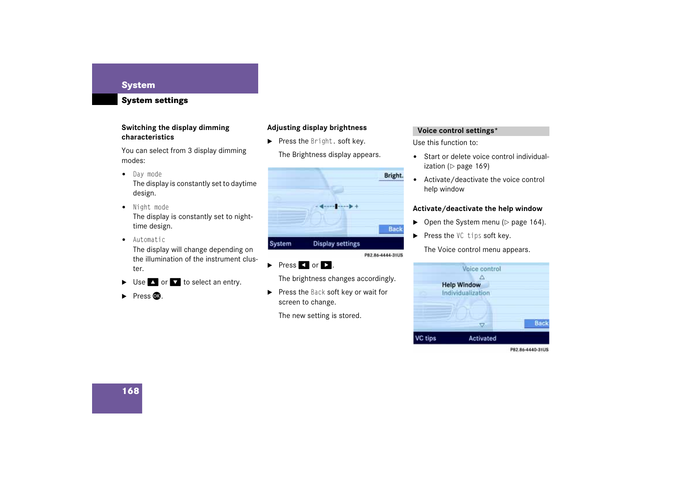 Voice control settings, Htness | Mercedes-Benz E-Class 2008 COMAND Manual User Manual | Page 168 / 186