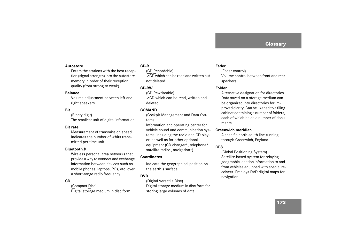 Glossary | Mercedes-Benz E-Class 2008 COMAND Manual User Manual | Page 173 / 186