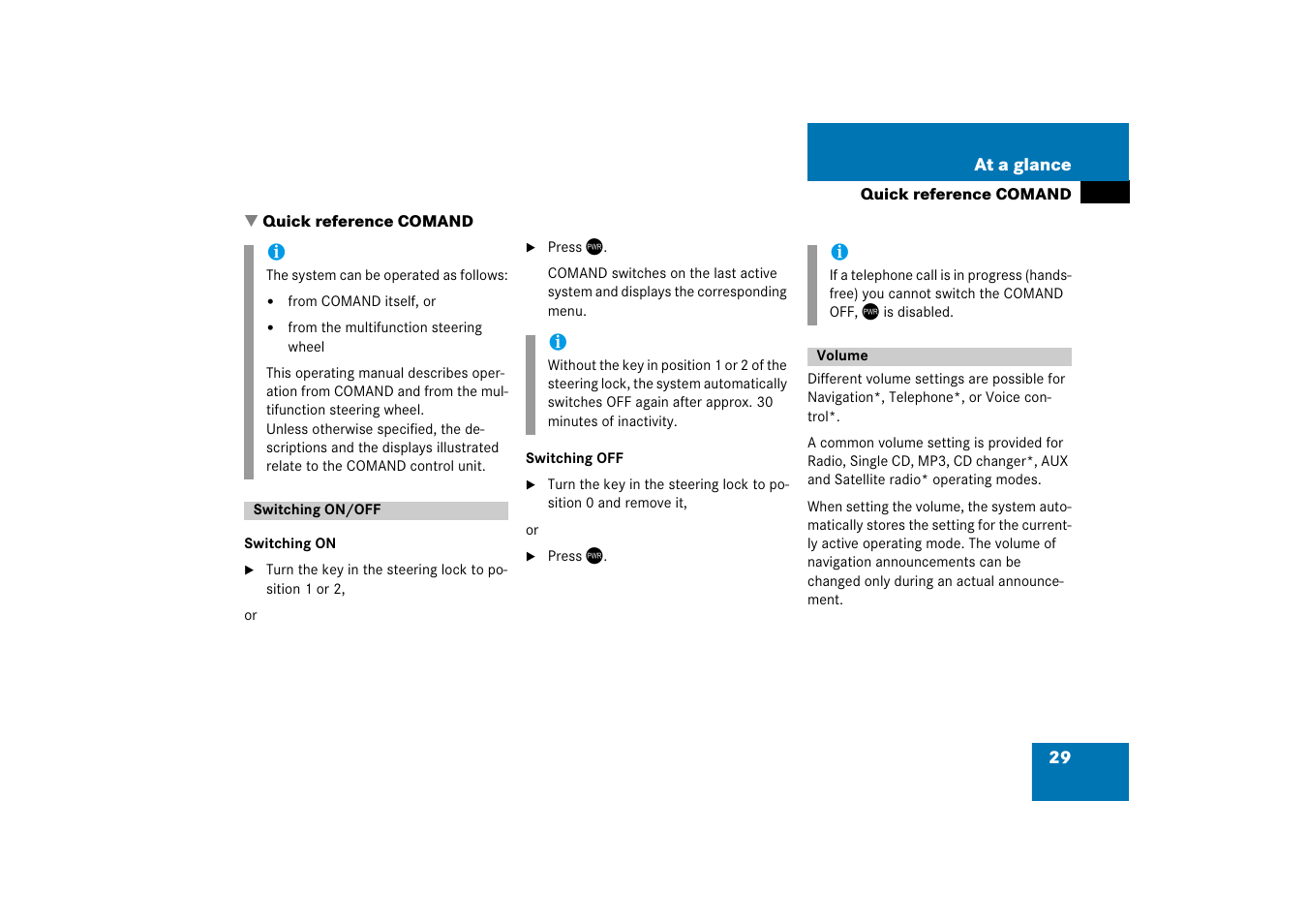H quick reference comand, Switching on/off, Volume | Quick reference comand, Switching on/off volume | Mercedes-Benz E-Class 2008 COMAND Manual User Manual | Page 29 / 186
