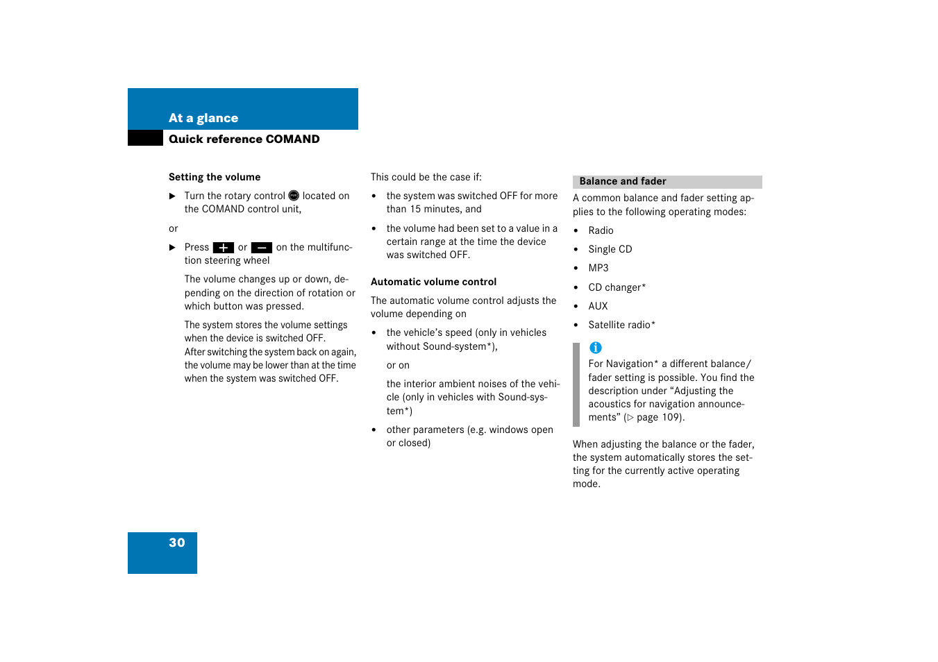 Balance and fader | Mercedes-Benz E-Class 2008 COMAND Manual User Manual | Page 30 / 186