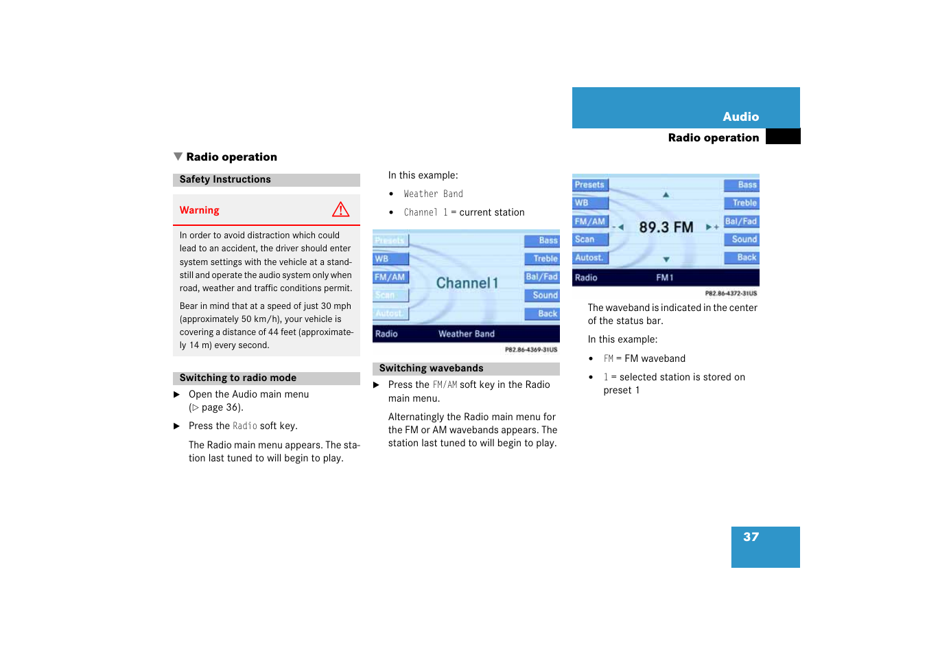 H radio operation, Safety instructions, Switching to radio mode | Switching wavebands, Radio operation, Wavebands appear | Mercedes-Benz E-Class 2008 COMAND Manual User Manual | Page 37 / 186