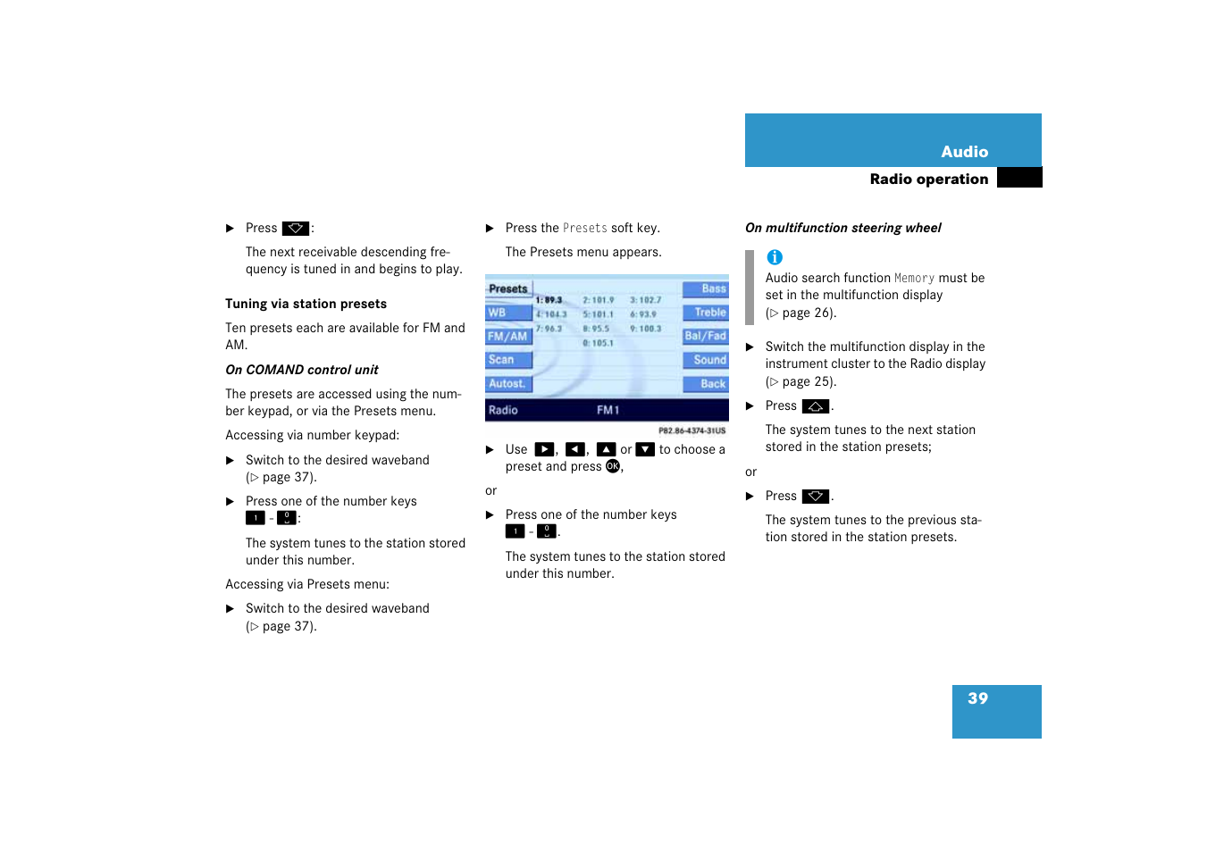 Esets, Tuning via station presets | Mercedes-Benz E-Class 2008 COMAND Manual User Manual | Page 39 / 186