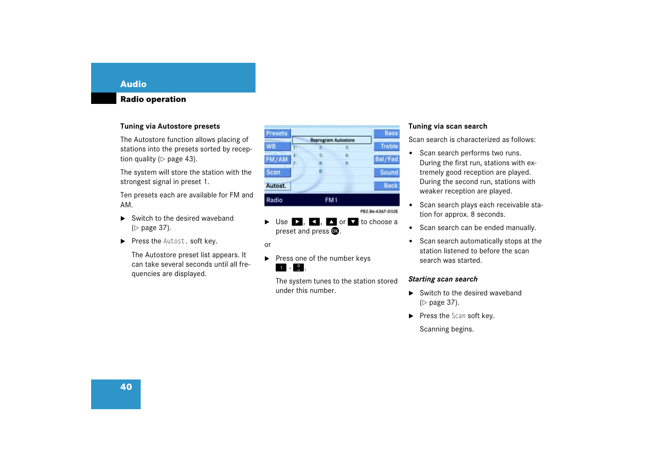 Tuning via autostore presets, Tuning via scan search | Mercedes-Benz E-Class 2008 COMAND Manual User Manual | Page 40 / 186