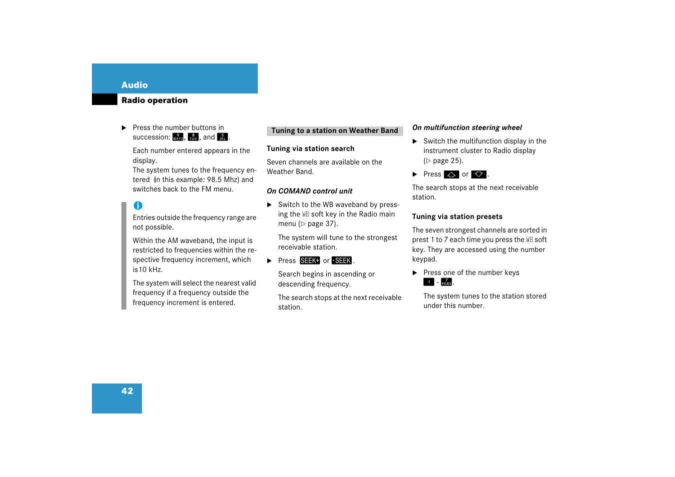 Tuning to a station on weather band, Tuning to a station on, Weather band | Mercedes-Benz E-Class 2008 COMAND Manual User Manual | Page 42 / 186