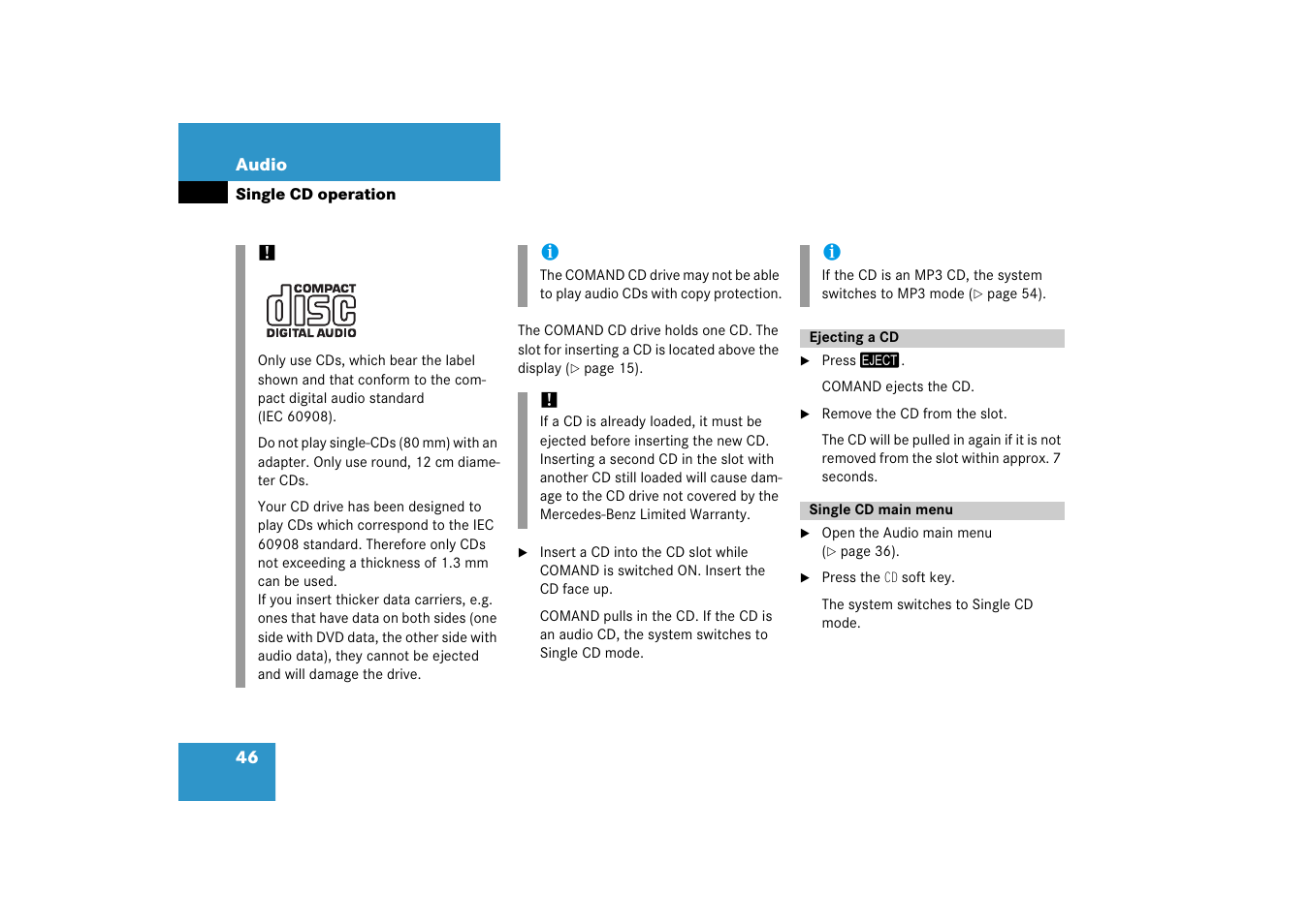 Ejecting a cd, Single cd main menu, Ejecting a cd single cd main menu | Mercedes-Benz E-Class 2008 COMAND Manual User Manual | Page 46 / 186