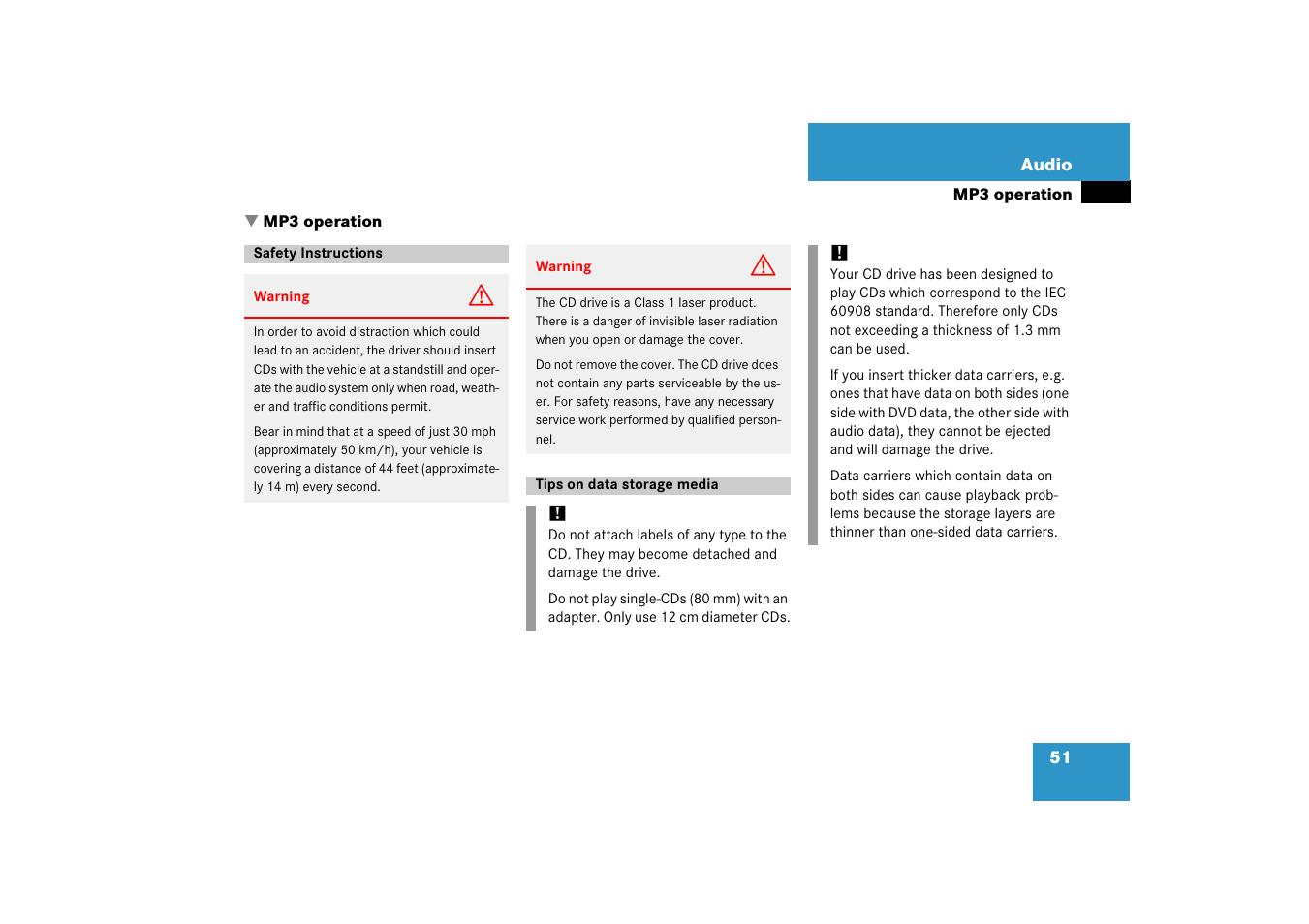 H mp3 operation, Safety instructions, Tips on data storage media | Mp3 operation | Mercedes-Benz E-Class 2008 COMAND Manual User Manual | Page 51 / 186