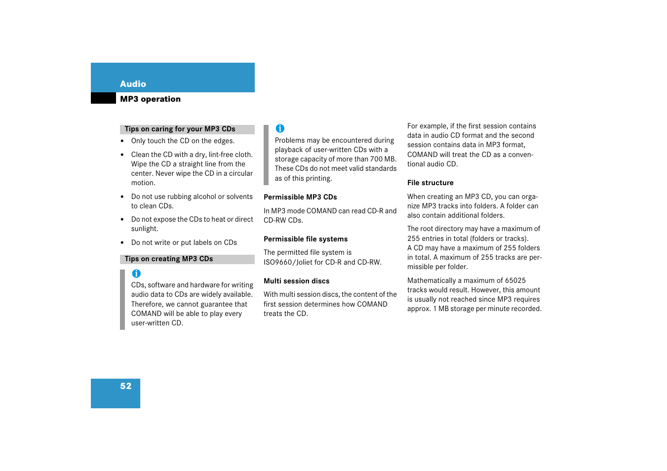 Tips on caring for your mp3 cds, Tips on creating mp3 cds | Mercedes-Benz E-Class 2008 COMAND Manual User Manual | Page 52 / 186