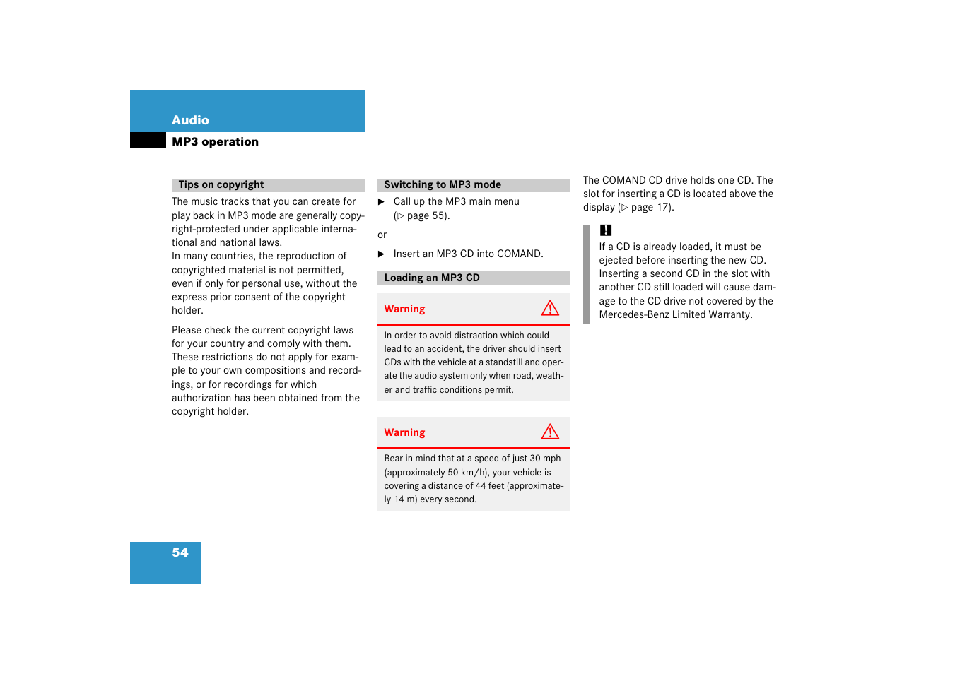 Tips on copyright, Switching to mp3 mode, Loading an mp3 cd | Mercedes-Benz E-Class 2008 COMAND Manual User Manual | Page 54 / 186