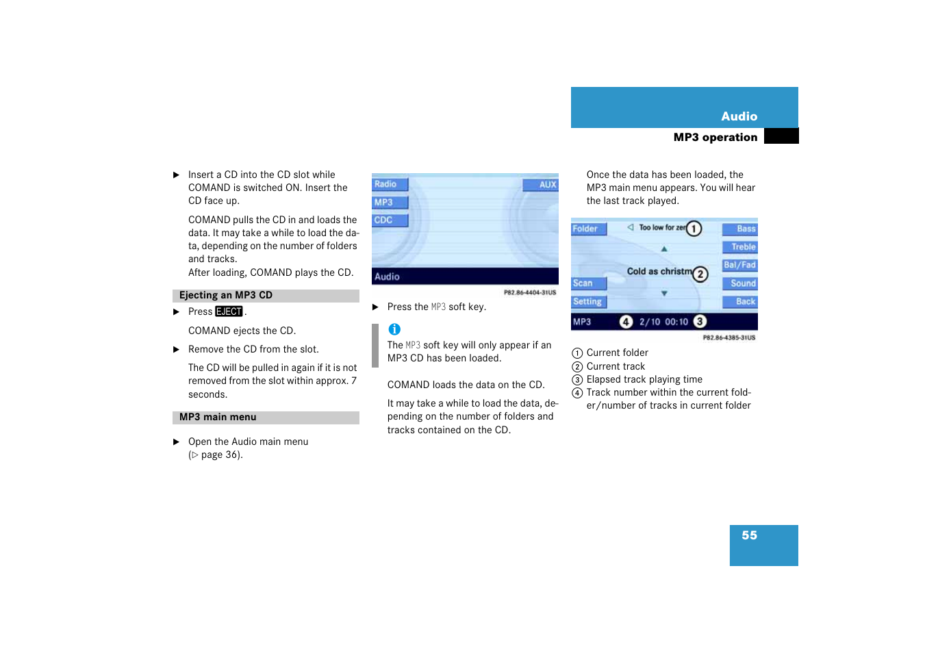 Ejecting an mp3 cd, Mp3 main menu, Ejecting an mp3 cd mp3 main menu | Or the mp3 main menu | Mercedes-Benz E-Class 2008 COMAND Manual User Manual | Page 55 / 186
