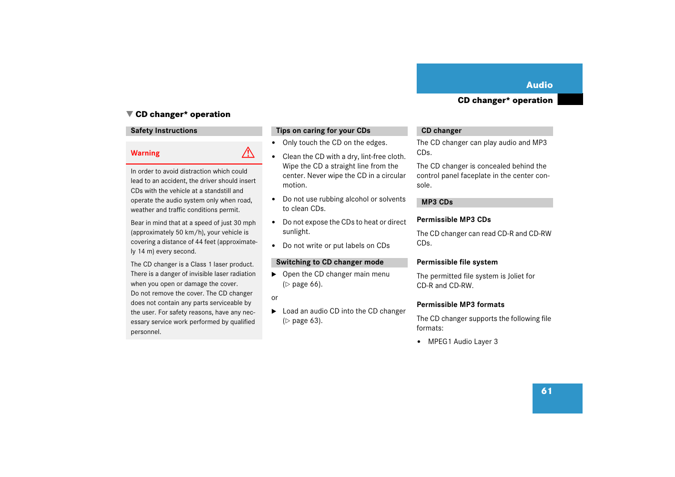 H cd changer* operation, Safety instructions, Tips on caring for your cds | Switching to cd changer mode, Mp3 cds, Cd changer* operation | Mercedes-Benz E-Class 2008 COMAND Manual User Manual | Page 61 / 186