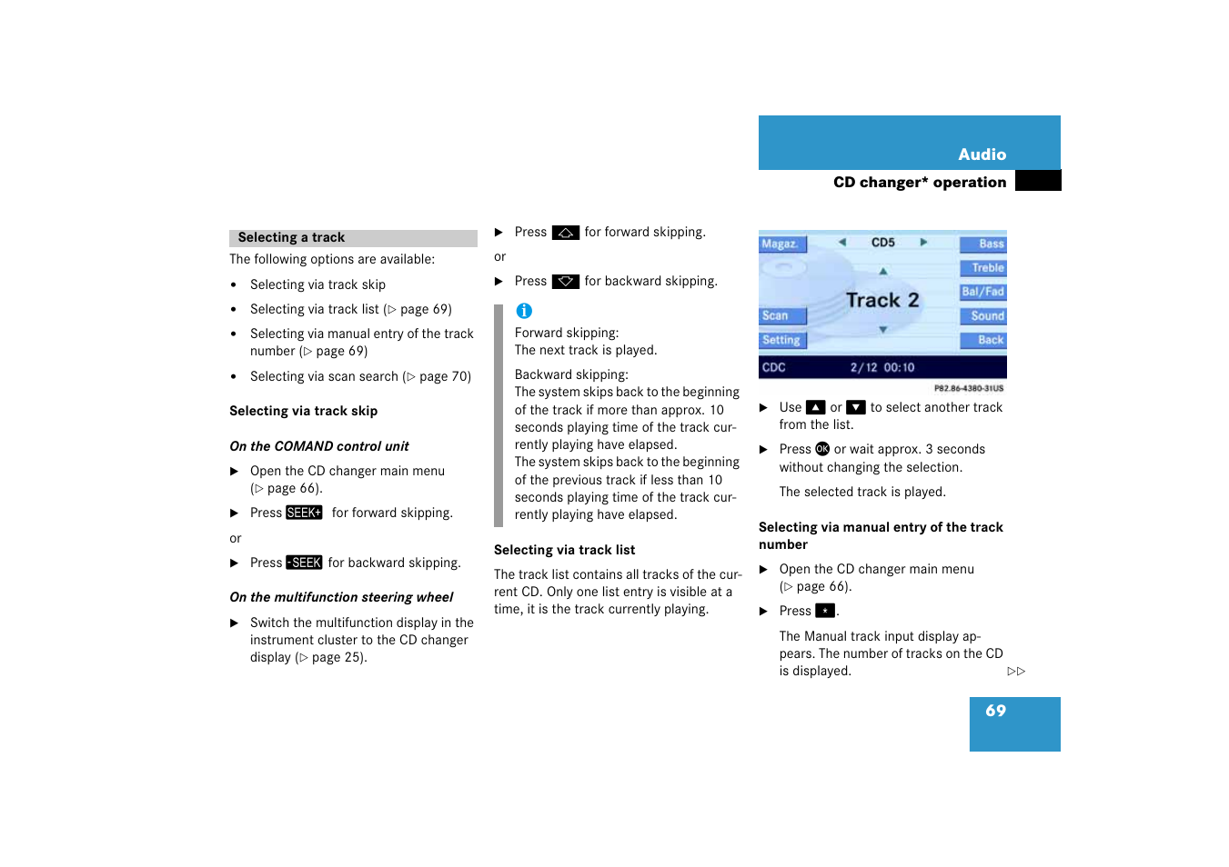 Selecting a track, Selecting via track skip, Selecting via track list | Selecting via manual entry of the track number | Mercedes-Benz E-Class 2008 COMAND Manual User Manual | Page 69 / 186