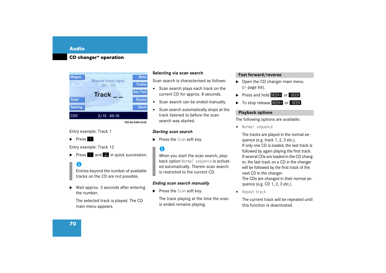 Fast forward/reverse, Playback options, Selecting via scan search | Mercedes-Benz E-Class 2008 COMAND Manual User Manual | Page 70 / 186