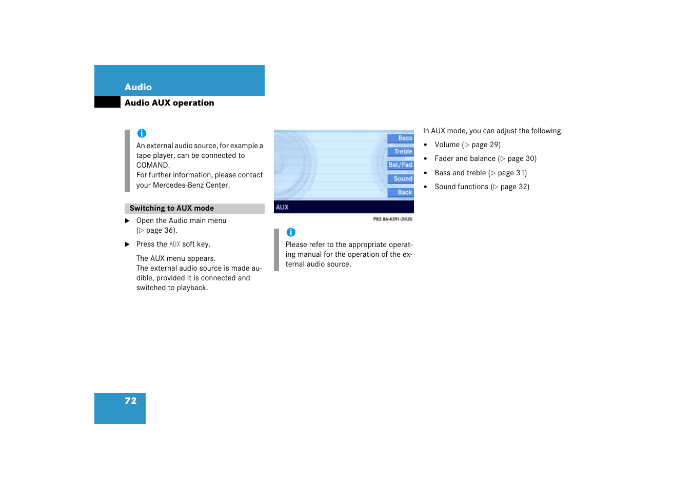 Audio aux operation | Mercedes-Benz E-Class 2008 COMAND Manual User Manual | Page 72 / 186