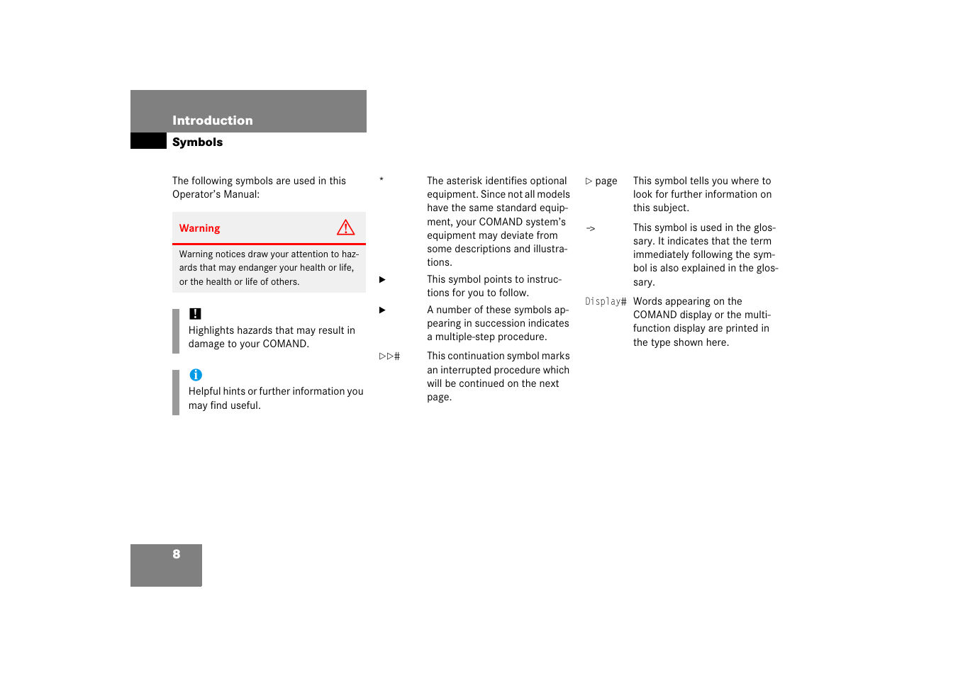 Symbols | Mercedes-Benz E-Class 2008 COMAND Manual User Manual | Page 8 / 186