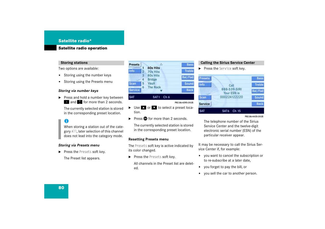Storing stations, Calling the sirius service center, Storing stations calling the sirius service center | Mercedes-Benz E-Class 2008 COMAND Manual User Manual | Page 80 / 186