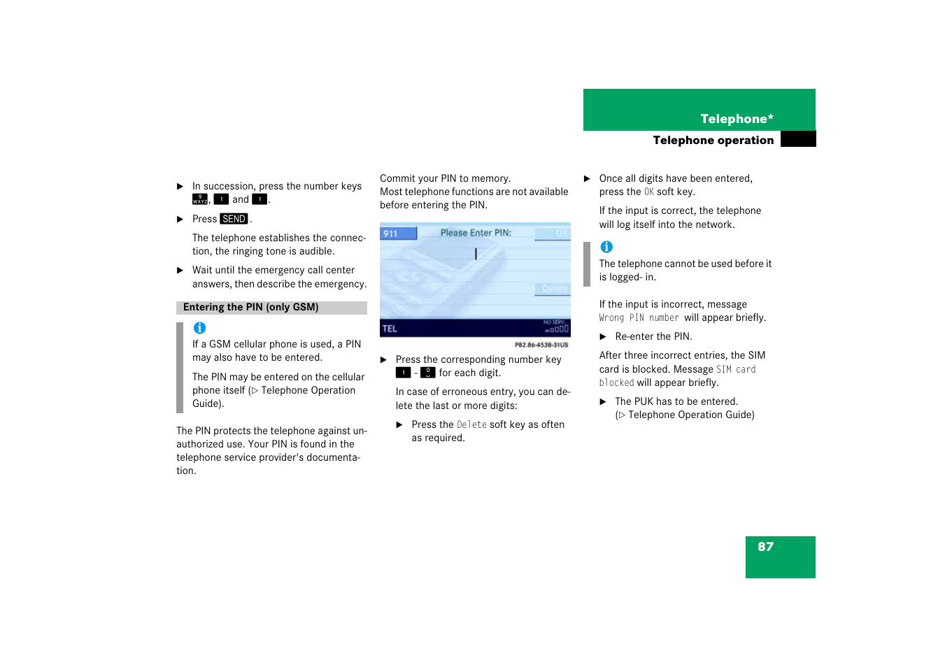 Entering the pin (only gsm) | Mercedes-Benz E-Class 2008 COMAND Manual User Manual | Page 87 / 186