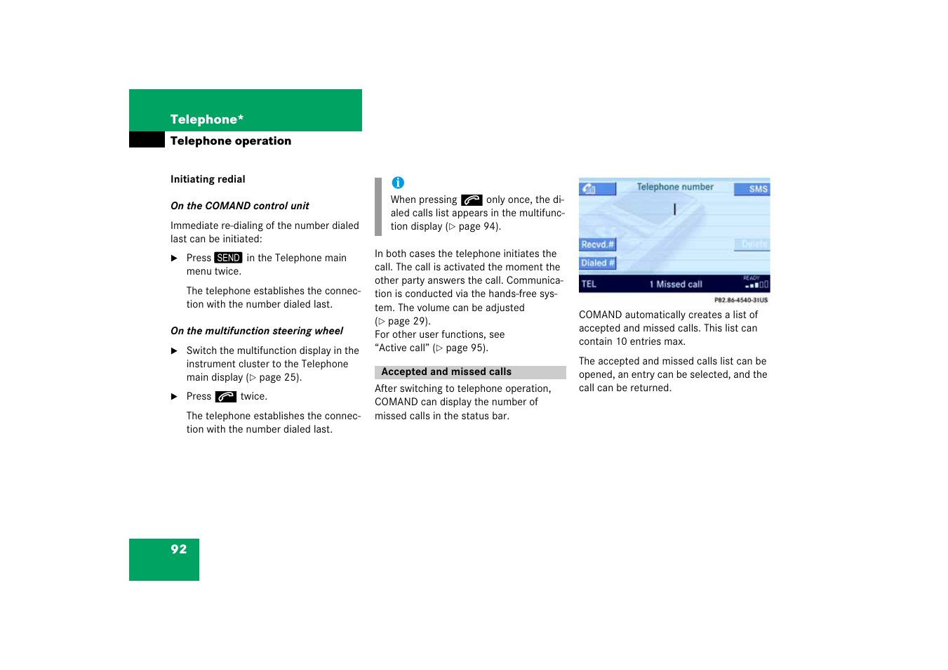 Accepted and missed calls | Mercedes-Benz E-Class 2008 COMAND Manual User Manual | Page 92 / 186