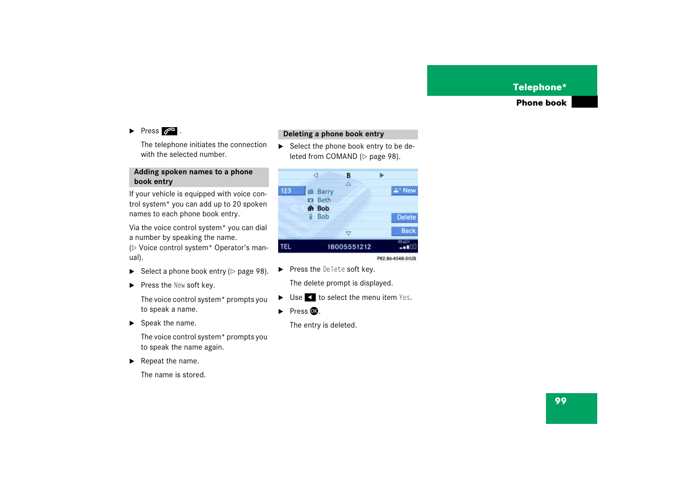 Adding spoken names to a phone book entry, Deleting a phone book entry, Entry | Mercedes-Benz E-Class 2008 COMAND Manual User Manual | Page 99 / 186