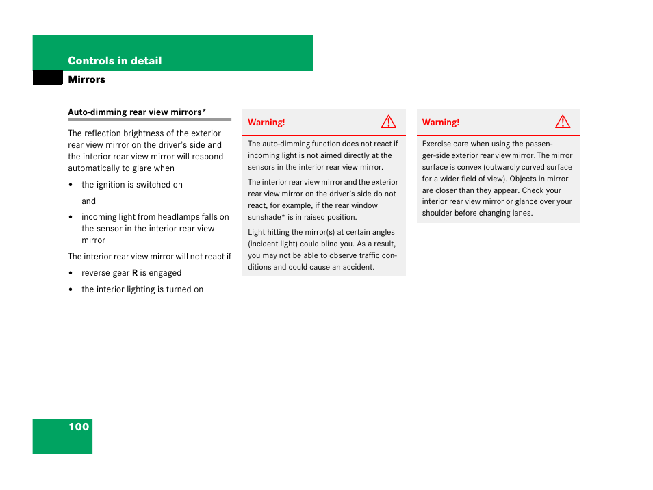 Auto-dimming rear view mirrors* . 100, 99) and, see “auto-dimming rear, View mirrors | Mercedes-Benz C-Class 2008 Owners Manual User Manual | Page 101 / 509
