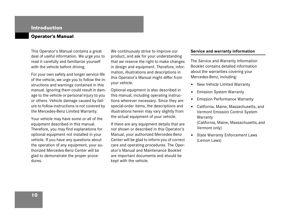 Service and warranty information, Operator’s manual | Mercedes-Benz C-Class 2008 Owners Manual User Manual | Page 11 / 509