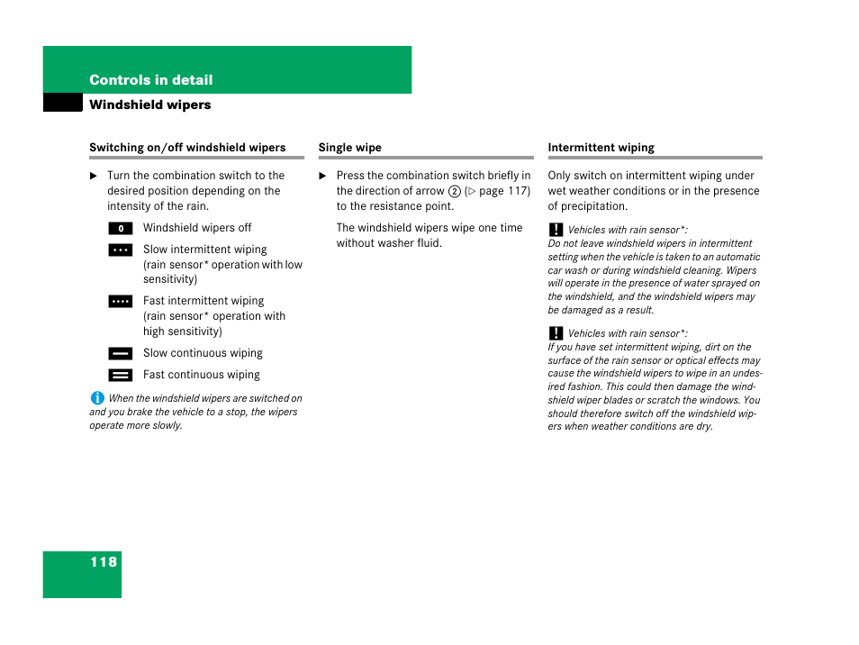Windshield wipers:single wipe, Intermittent wiping | Mercedes-Benz C-Class 2008 Owners Manual User Manual | Page 119 / 509
