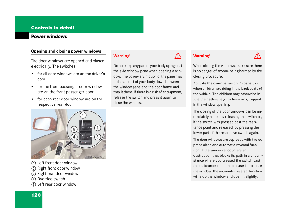 Power windows:opening/closing, Power windows, Opening and closing power windows | Mercedes-Benz C-Class 2008 Owners Manual User Manual | Page 121 / 509