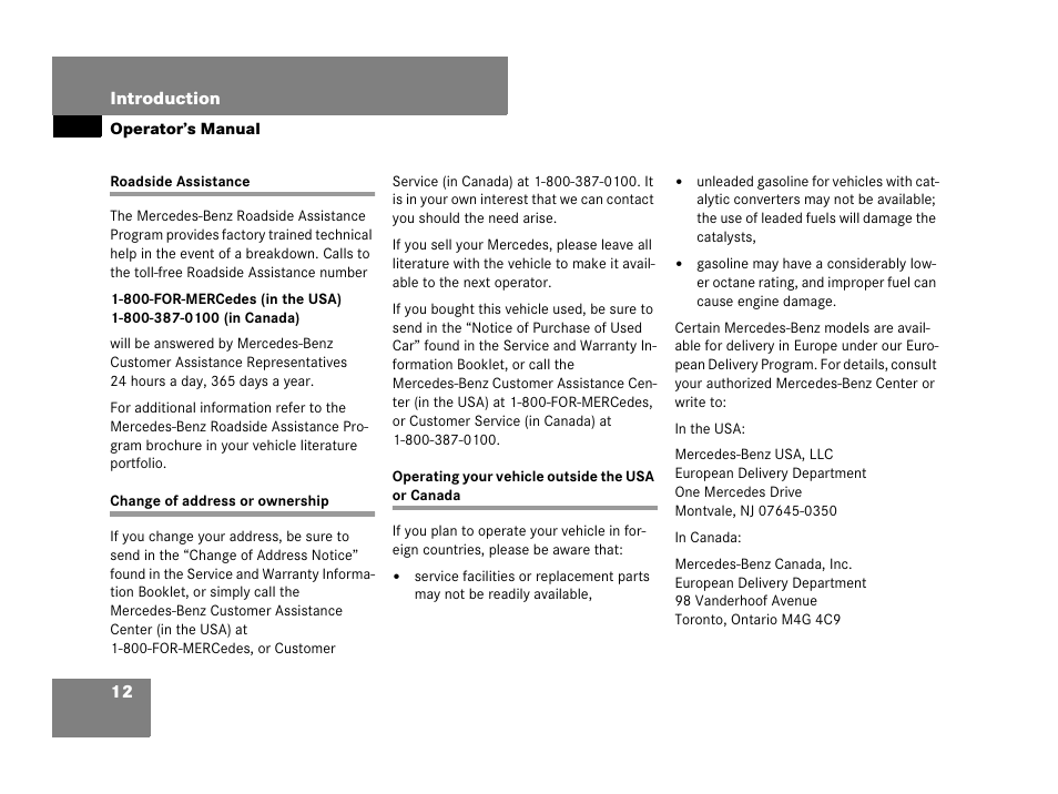 Roadside assistance, Change of address or ownership, Operating your vehicle outside the usa or canada | Mercedes-Benz C-Class 2008 Owners Manual User Manual | Page 13 / 509