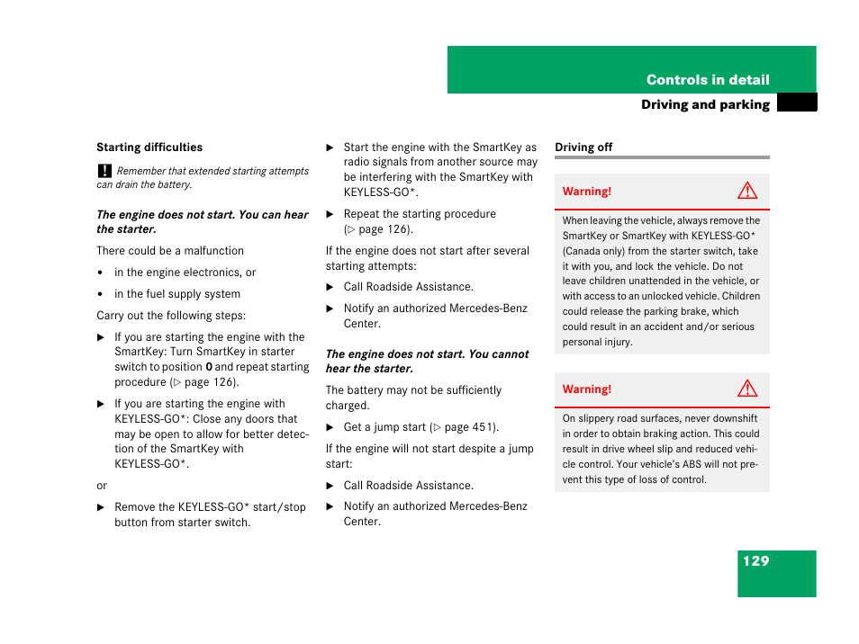 Parking brake, Driving off | Mercedes-Benz C-Class 2008 Owners Manual User Manual | Page 130 / 509
