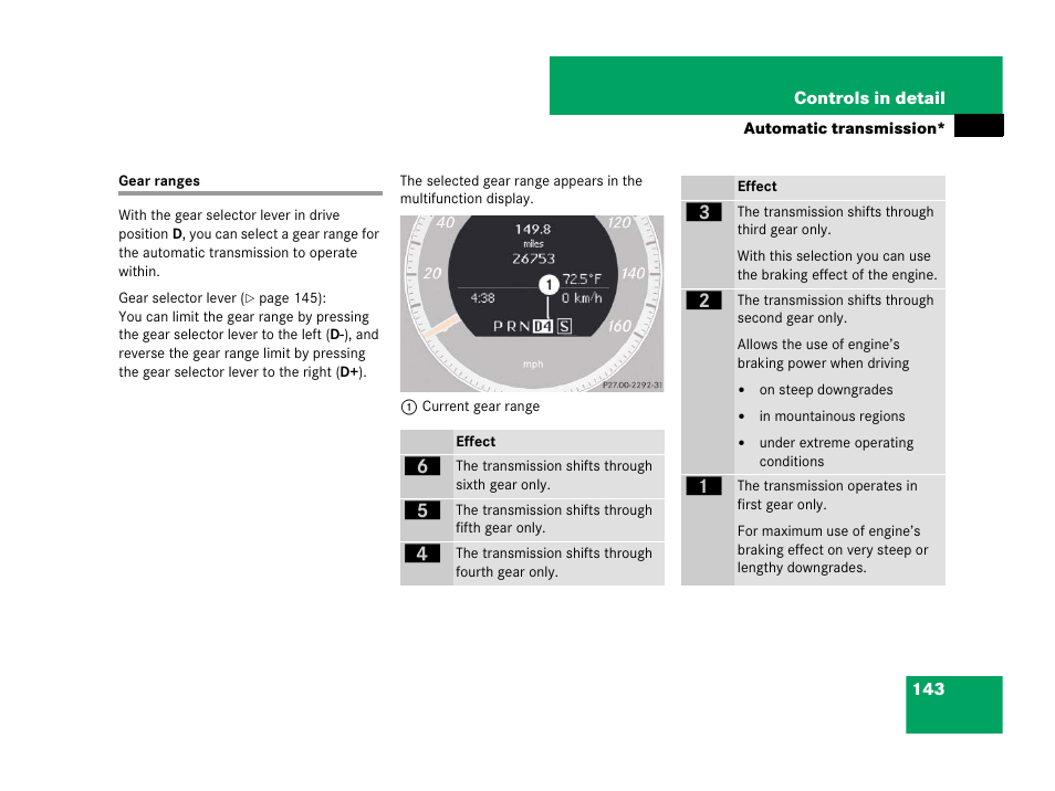Gear range:automatic transmission, Gear ranges | Mercedes-Benz C-Class 2008 Owners Manual User Manual | Page 144 / 509