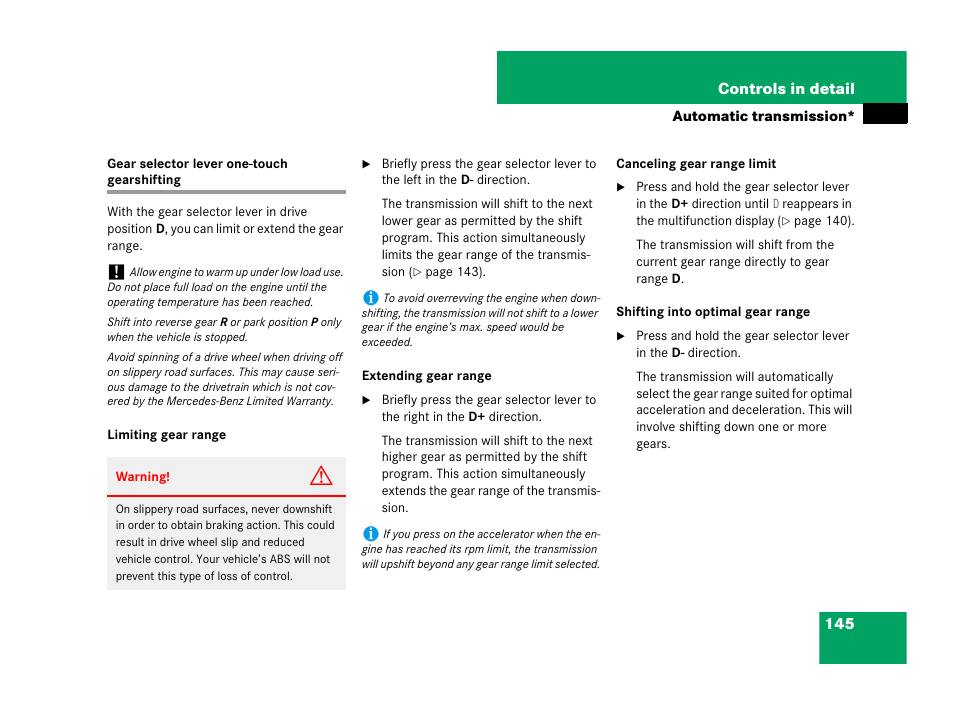 Gear selector lever one-touch gearshifting | Mercedes-Benz C-Class 2008 Owners Manual User Manual | Page 146 / 509