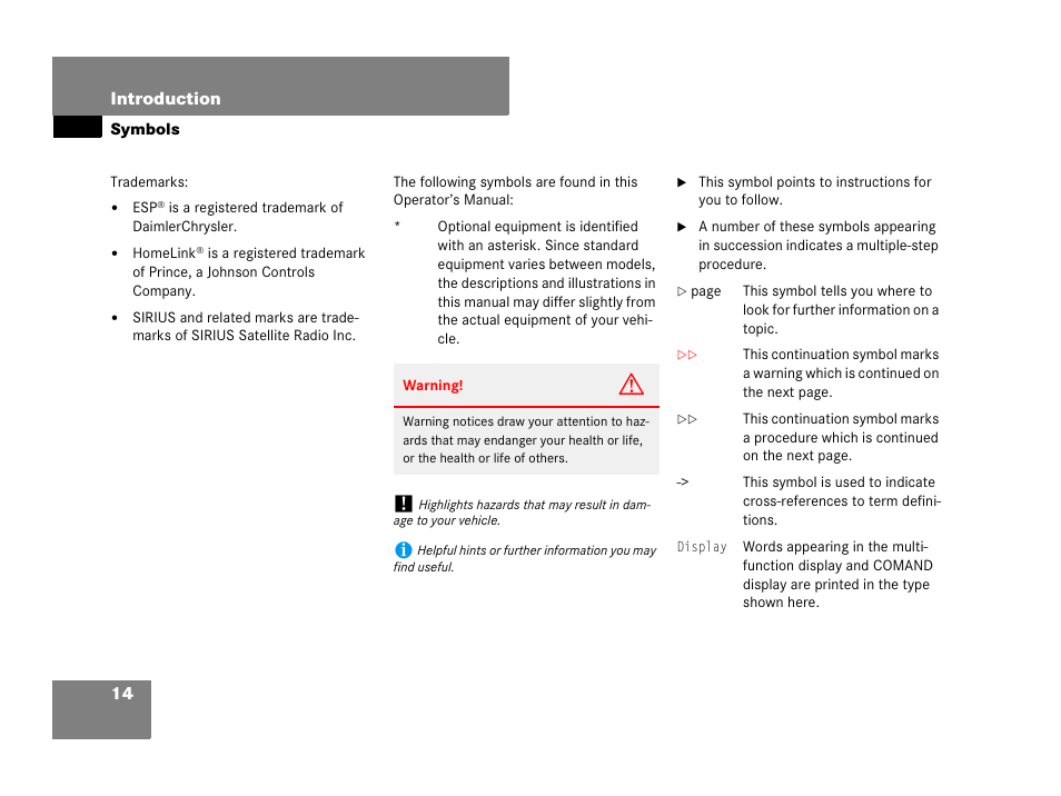 Symbols used in this operator’s manual, Symbols | Mercedes-Benz C-Class 2008 Owners Manual User Manual | Page 15 / 509