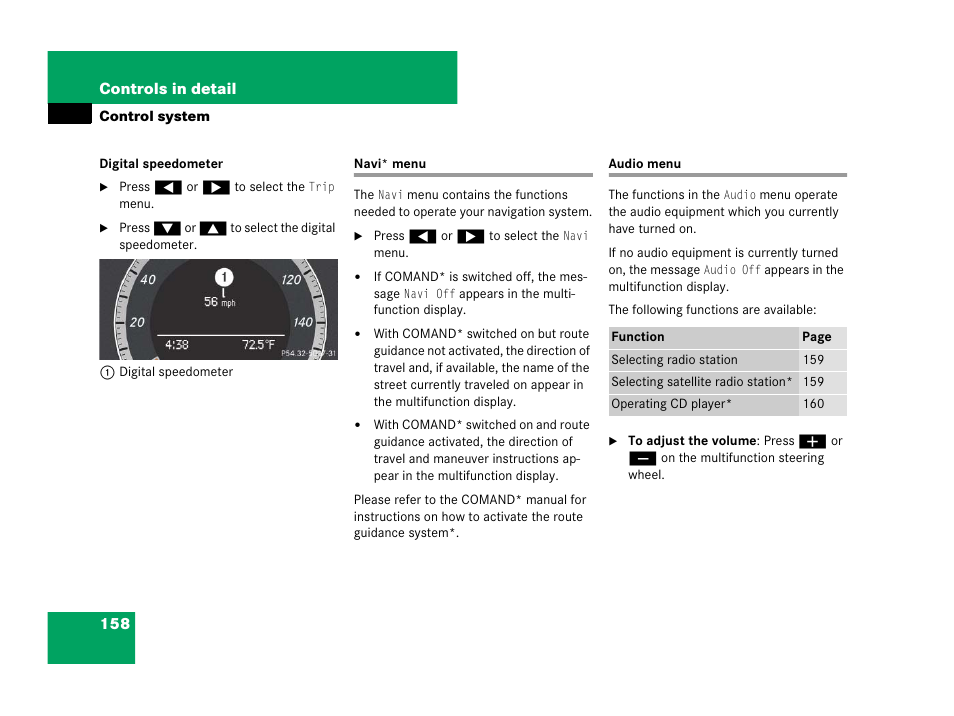 Control system menu:navi, Control system menu:audio, Navi* menu audio menu | Mercedes-Benz C-Class 2008 Owners Manual User Manual | Page 159 / 509