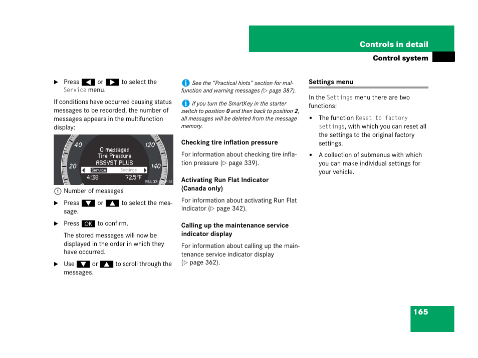 Control system menu:settings menu, Settings menu | Mercedes-Benz C-Class 2008 Owners Manual User Manual | Page 166 / 509