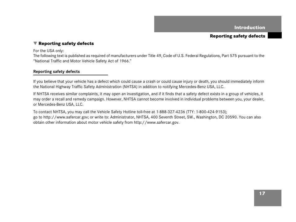 Safety:reporting defects;reporting safety defects, Reporting safety defects | Mercedes-Benz C-Class 2008 Owners Manual User Manual | Page 18 / 509