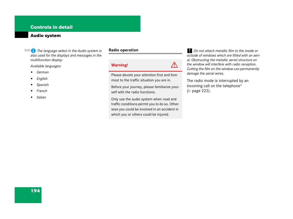 Audio system:radio operation, Radio operation | Mercedes-Benz C-Class 2008 Owners Manual User Manual | Page 195 / 509