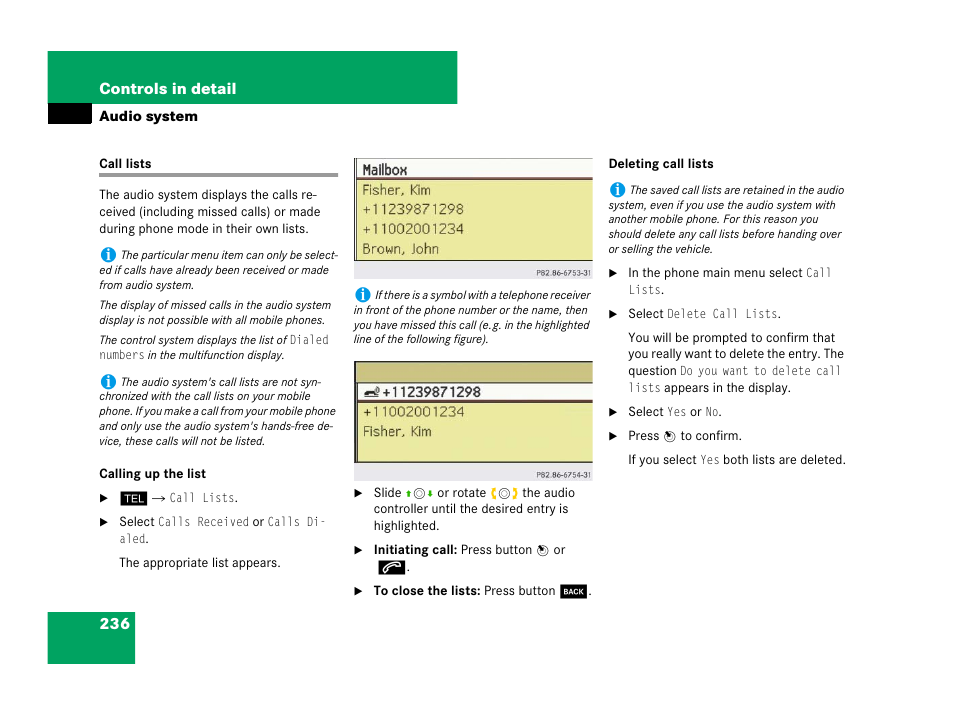 Audio system:call lists, Call lists | Mercedes-Benz C-Class 2008 Owners Manual User Manual | Page 237 / 509